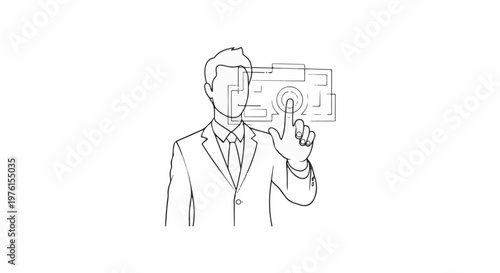 Man in suit touches interactive screen with digital interface