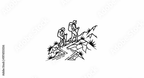 Two hikers ascend a rocky mountain path, poles in hand, with sparse vegetation
