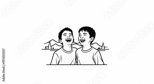 Two boys laugh heartily, framed by a simple mountain and tree outline