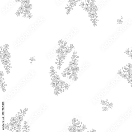 Seamless floral black and white pattern with simple flowers on white background.