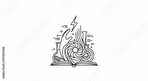 Open book with vortex, hand, lightning bolt, test tubes, and gear