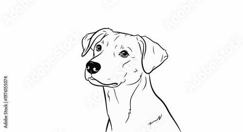 A line drawing of a dog's head and upper body facing left