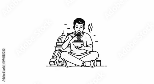 Person eating noodles with chopsticks, backpack and dome building