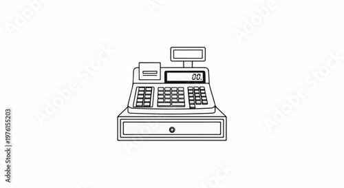 Stylized outline drawing of an old-fashioned cash register with a display and keypad