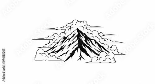 Stylized mountain peak emerging from swirling clouds in a simple black and white illustration