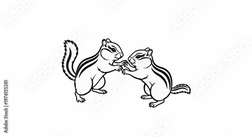 Two chipmunks are interacting, holding paws, against a white background