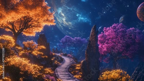 Magical road leads through a cosmic landscape toward distant planets in a starry night sky