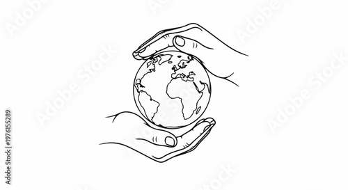 Two hands gently cradle and protect a simplified outline of the Earth