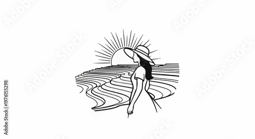 Woman in sun hat overlooks scenic rice terraces at sunrise