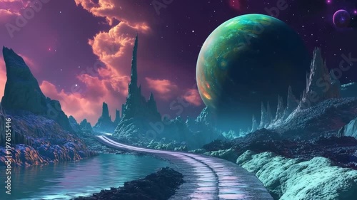 Magical road leads through a cosmic landscape toward distant planets in a starry night sky
