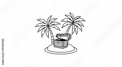 Tropical island with two palm trees and an open treasure chest