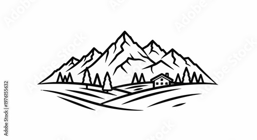 Stylized mountainous landscape with a house and trees