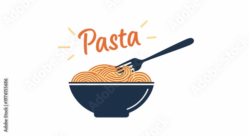 A dark bowl overflowing with spaghetti, a fork twirling strands, with "Pasta" in orange script
