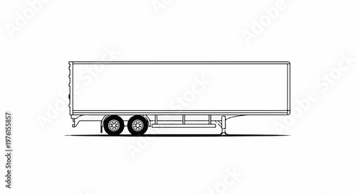A detailed black and white line drawing of a large cargo trailer with two axles