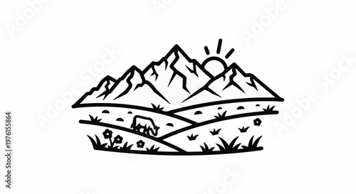 A minimalist black and white outline of a pastoral mountain scene with a grazing animal