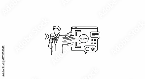 Stylized person speaking into a microphone, outputting digital data to a screen with speech bubbles