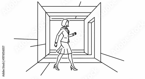 A woman in a suit walks down a geometric corridor