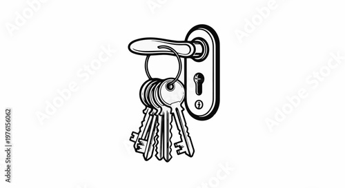 A set of keys hangs from a door handle with a keyhole