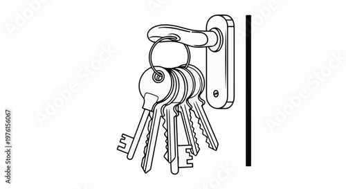A bunch of keys hangs from a door handle on a white background