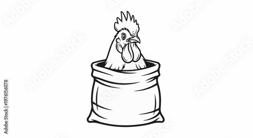 A cartoon rooster emerges from a burlap sack in this simple illustration
