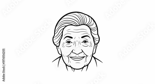 A simple black and white line drawing of an elderly woman's smiling face