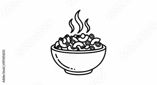 A simple black and white illustration of a bowl of steaming pasta