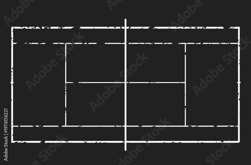 Black vector illustration of tennis court outline with white distressed lines on dark background, top view layout