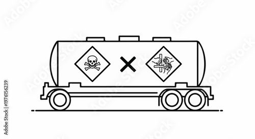 Stylized hazardous substance transport tanker with warning symbols