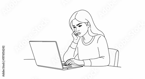 A woman sits at a laptop with a thoughtful or concerned expression, typing