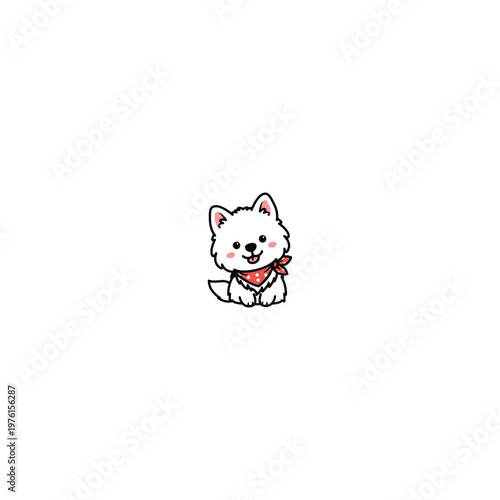 Cute kawaii samoyed with a scarf sitting cartoon, vector illustration