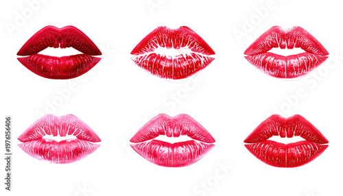 A collection of six stylized, rendered lips in various shades of red and pink, with a crisp black background