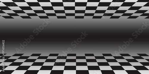 Chess perspective room background. Black and white chess board perspective room texture. Chess board pattern surface. Fading and disappearing chess board background. Abstract vector illustration.
