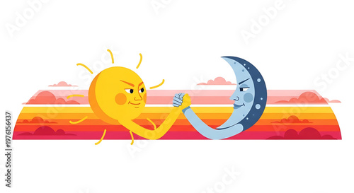 A colorful vector graphic illustration of the sun and moon shaking hands in a vibrant sunset scene