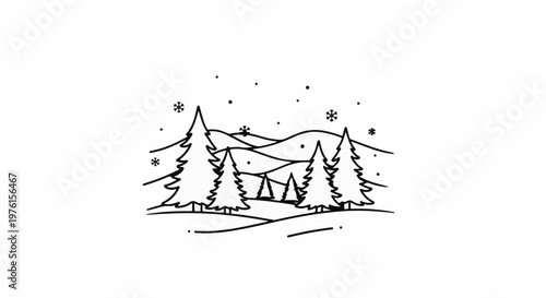 Stylized winter landscape with snow falling on pine trees and hills