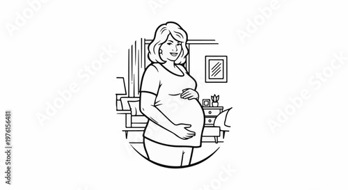A smiling pregnant woman holds her belly in a line drawing