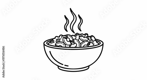 A simple line drawing shows a bowl filled with steaming elbow macaroni