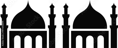 Two stylized domes with minarets representing traditional mosque architecture.