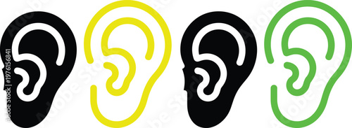 Illustrations of human ears with highlighted outlines in different colors