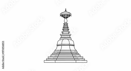 Stylized line drawing of a tiered, pointed stupa structure