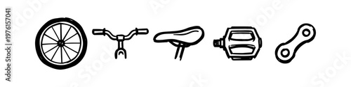 Collection of hand-drawn bicycle part icons: wheel, handlebars, saddle, pedal, and chain link. Minimalist black line art vector illustrations isolated on white for cycling, repair, and maintenance.