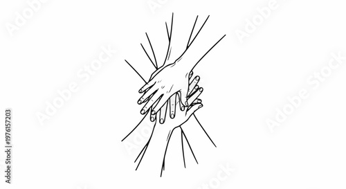 A stylized sketch depicts multiple hands clasped together in a circle, symbolizing unity and teamwork