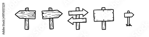 Hand-drawn vector set of rustic wooden signposts and arrow signs in a doodle style. Perfect for direction, navigation, and wayfinding designs.
