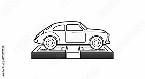 Line art of a classic car resting on a stack of bills
