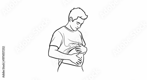 A sketch of a man holding his belly, looking down