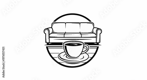 Line art of a three-seater couch above a cup of coffee