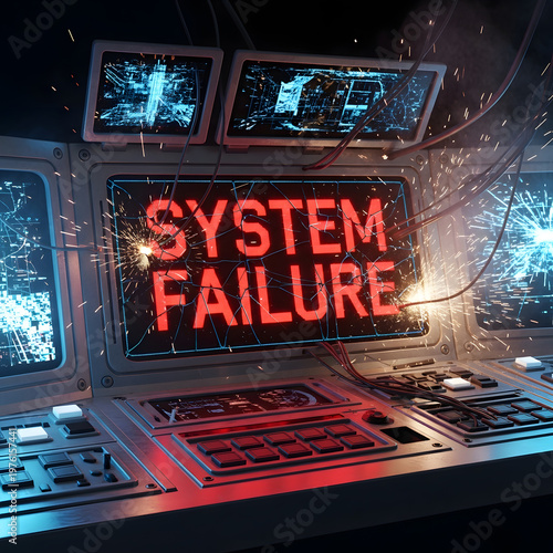 A system failure occurs on a high-tech control panel with screens.