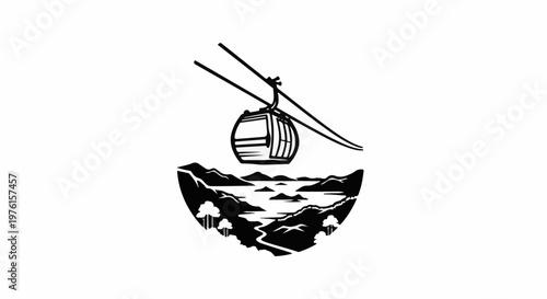 Cable car above a scenic mountain lake landscape with trees