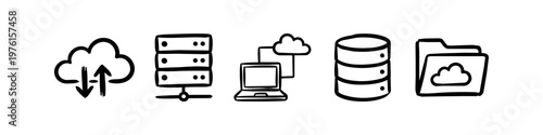 Hand-drawn cloud computing and data storage icons in a minimalist black ink doodle style. Set includes servers, laptops, database, and cloud folder sketches for technology and IT concepts.