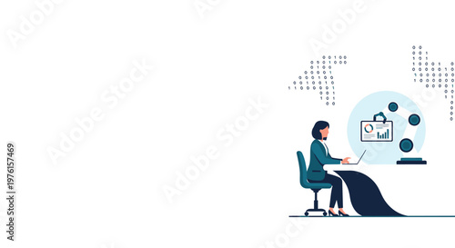 Businessman working on laptop, office workspace, remote work, communication icons