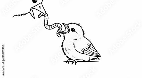 Bird feeding its young with a worm